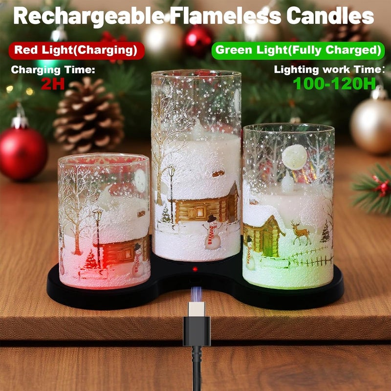 DRomance Snowman Glass Flameless Candles Rechargeable Battery Operated with Remote and Timer Real Wax LED Flickering Pillar Candles White Cold Light Window Christmas Holiday Decor D3 x 4",5",6" - Image 3