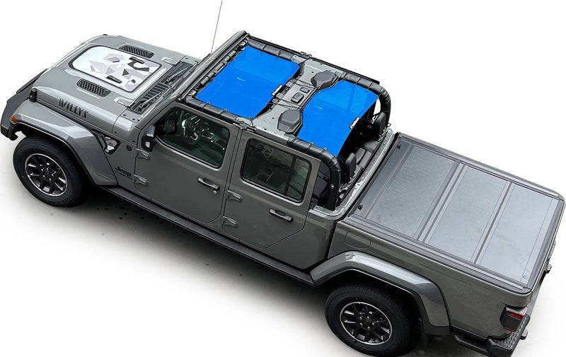 Shadeidea JT Sun Shade Top Sunshade Compatible with Jeep Gladiator Top Shade Mesh Screen Roof Cover 20182023 Wind Noise UV Blocker with GrabBag Pouch 10 Year Warranty Blue FrontRear 2 Pcs