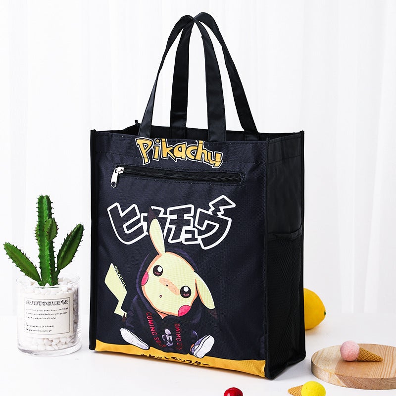 Dual Layer A4 Art Case Cute Cartoon Student Carry Bag Waterproof No.22 Black Picacho (inner lining) 