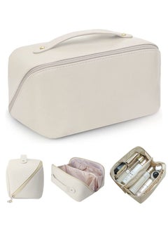 URbazaar Large Capacity Travel Cosmetic Bag, Multifunctional Storage Makeup Bag PU Leather Makeup Bag, with Handle and Divider Travel Cosmetic Bags for Women (White)  - Image 1
