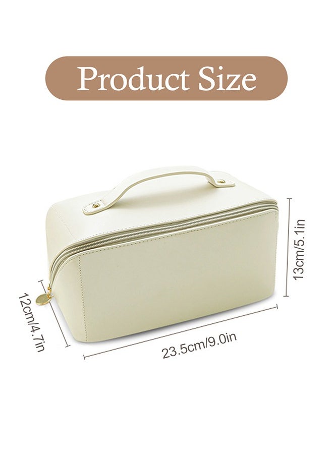 URbazaar Large Capacity Travel Cosmetic Bag, Multifunctional Storage Makeup Bag PU Leather Makeup Bag, with Handle and Divider Travel Cosmetic Bags for Women (White)  - Image 2
