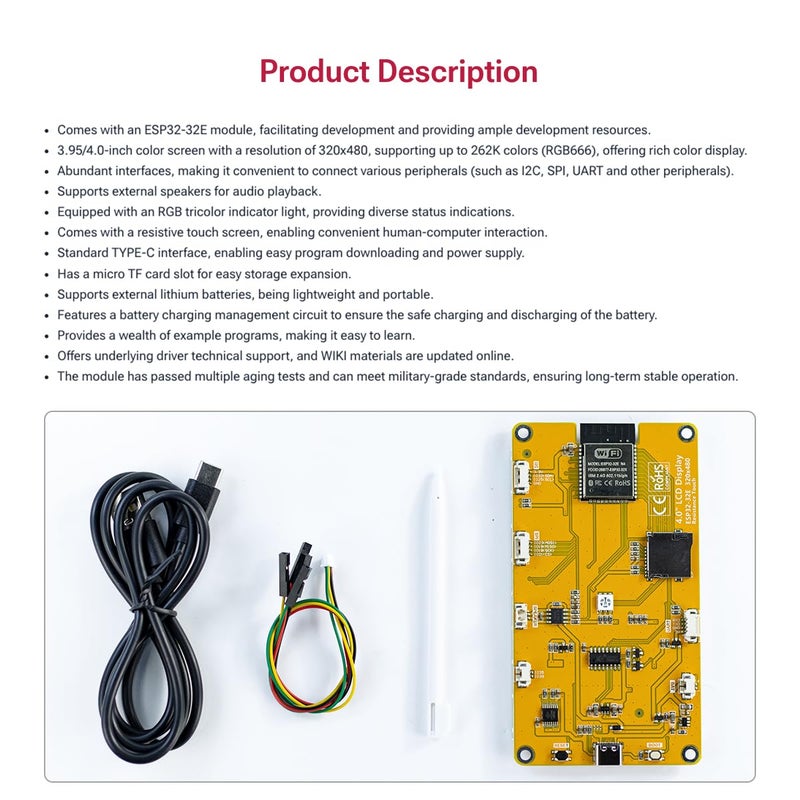 Hosyond 4.0'' 320x480 Touch Screen with ESP32-32E ESP32 Display with WiFi+BT, ST7796S Driver LCD TFT Screen Module for Arduino IoT - Image 5