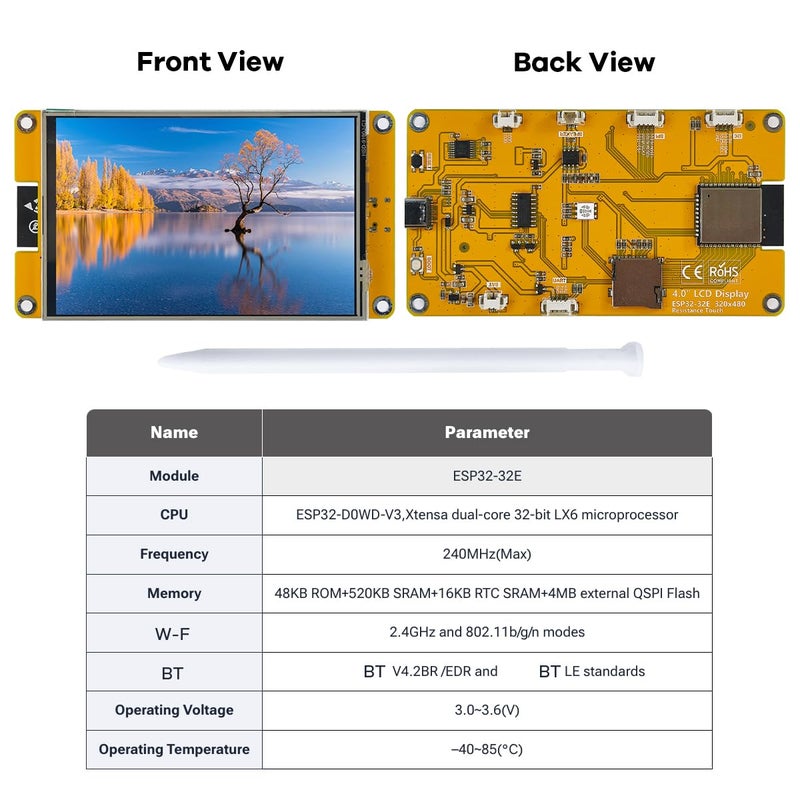 Hosyond 4.0'' 320x480 Touch Screen with ESP32-32E ESP32 Display with WiFi+BT, ST7796S Driver LCD TFT Screen Module for Arduino IoT - Image 2