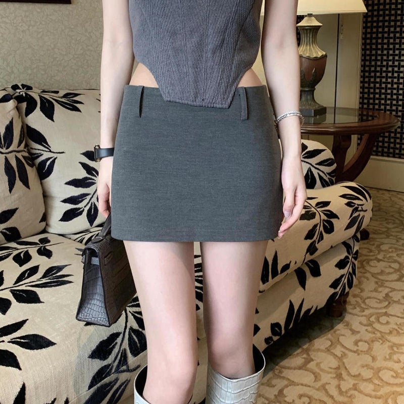 Grey Simple Low Waist Suit Short Culottes Womens New Anti-glare All-match Slimming Elegant Hip Skirt Gray