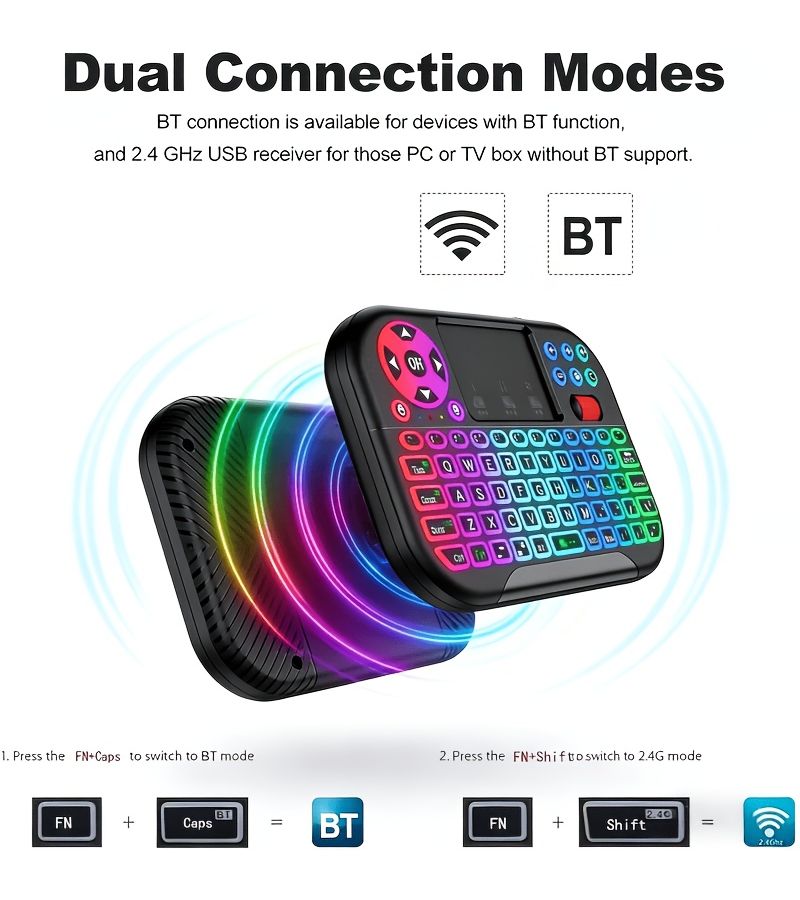 لوحة مفاتيح وماوس لاسلكي محمول يعمل بنظام مزدوج Bluetooth 5.2 و 2.4G مع لوحة لمس وإضاءة خلفية وبطارية 1020 مللي أمبير - Image 1