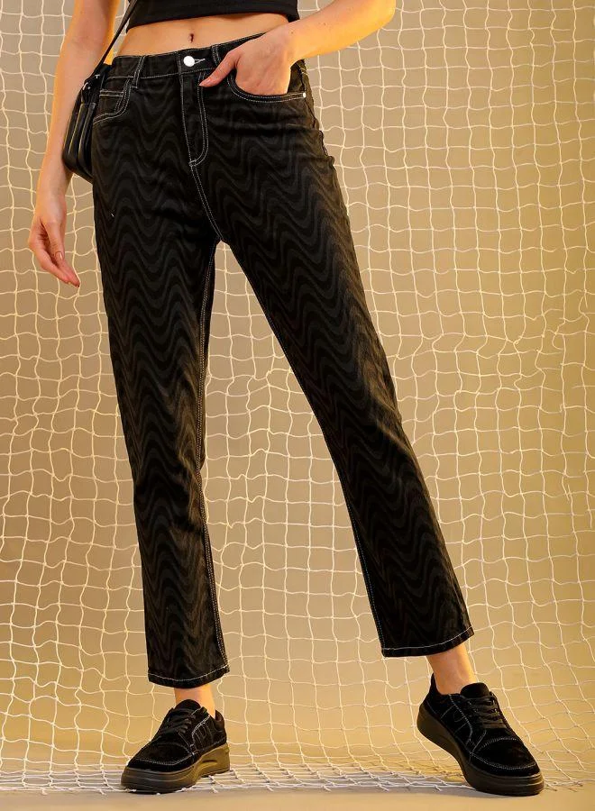 Women Straight Fit Laser Print High-Rise Jeans