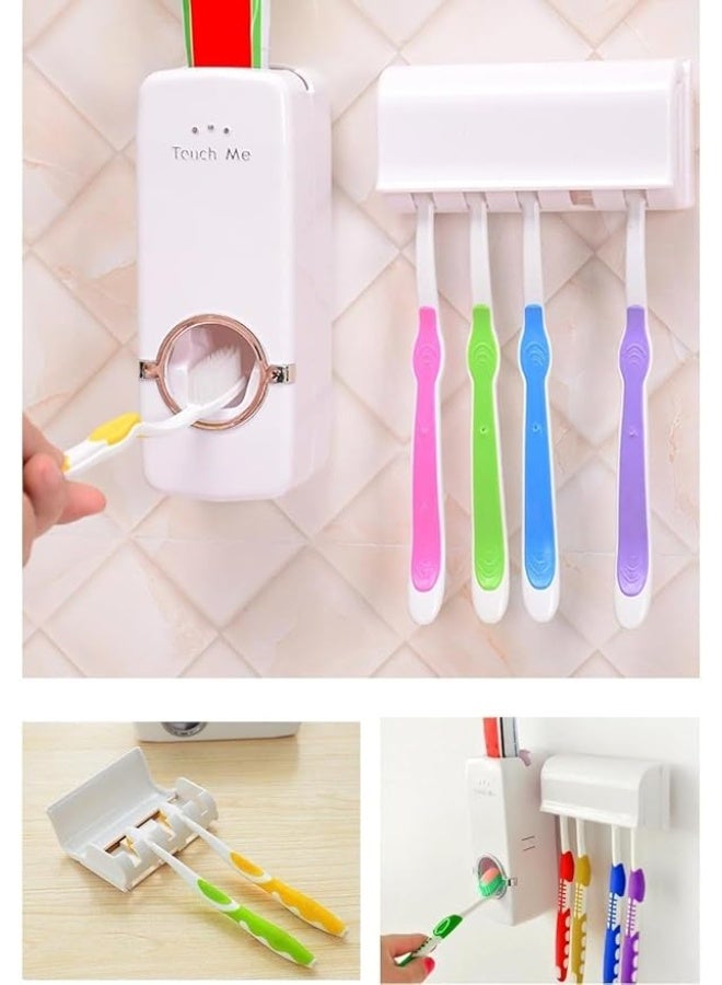 Hands-free toothpaste dispenser with 5 toothbrush holders, wall-mounted, hygienic bathroom organizer for family use, easy to install with a simple toothpaste squeeze. - Image 3