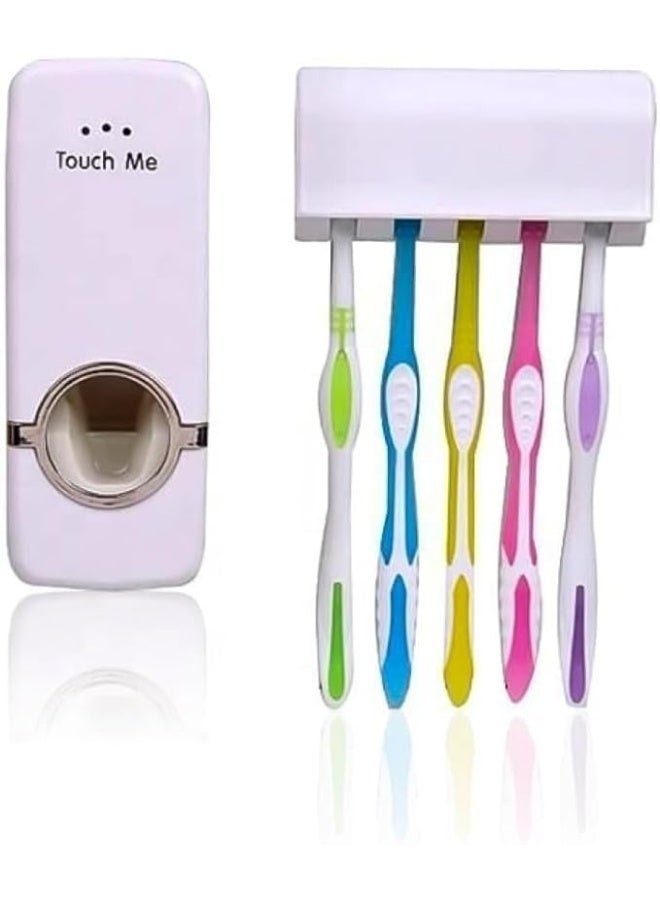 Hands-free toothpaste dispenser with 5 toothbrush holders, wall-mounted, hygienic bathroom organizer for family use, easy to install with a simple toothpaste squeeze. - Image 2
