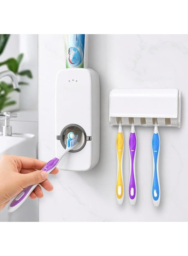Hands-free toothpaste dispenser with 5 toothbrush holders, wall-mounted, hygienic bathroom organizer for family use, easy to install with a simple toothpaste squeeze. - Image 1