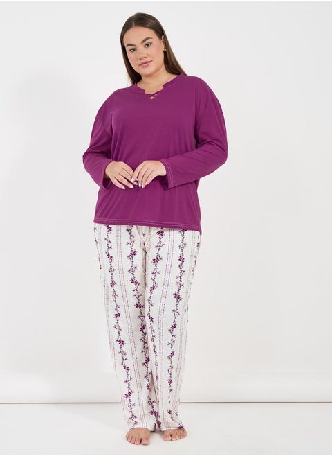 Plus Size Notch Cross Front Detail T-Shirt & Linear Floral Pyjama Set