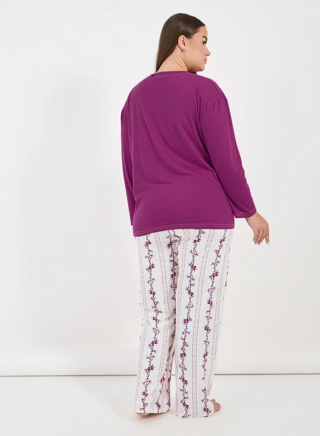 Styli Plus Size Notch Cross Front Detail T-Shirt & Linear Floral Pyjama Set