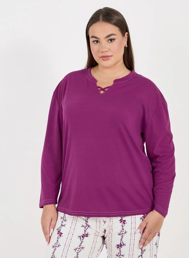 Styli Plus Size Notch Cross Front Detail T-Shirt & Linear Floral Pyjama Set