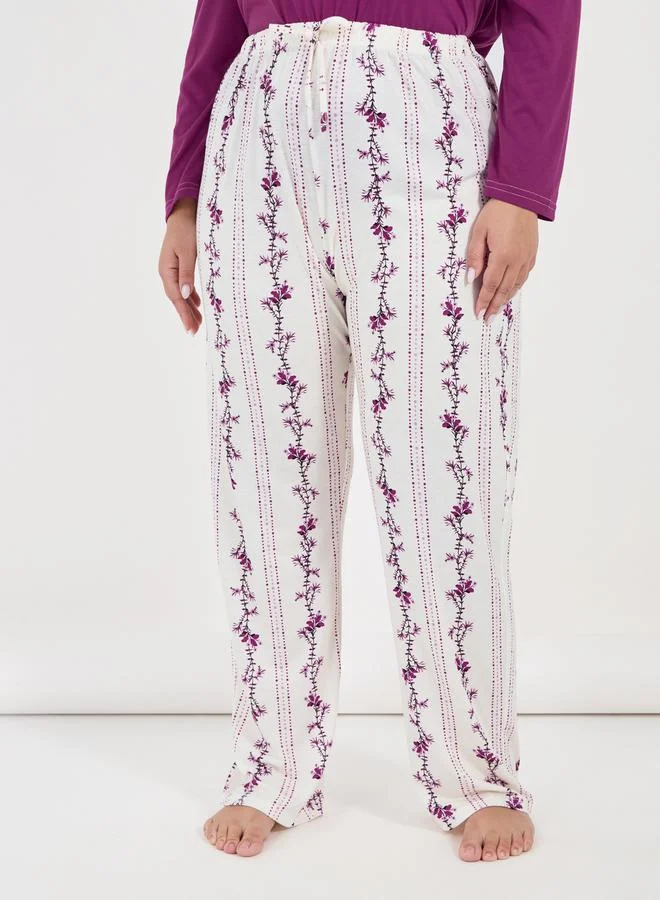 Styli Plus Size Notch Cross Front Detail T-Shirt & Linear Floral Pyjama Set