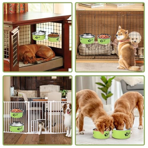 ShineMe Dog Crate Bowls, ShineMe Stainless Steel Dog Kennel Bowls for Crates, Spill Proof Dogs Dishes that Attach to Crate Kennel Cage for Small Medium Size Dogs Cats, Set of 2, Green (6.2x2.6” & 5.5x2.4”) - Image 3
