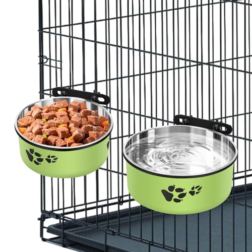 ShineMe Dog Crate Bowls, ShineMe Stainless Steel Dog Kennel Bowls for Crates, Spill Proof Dogs Dishes that Attach to Crate Kennel Cage for Small Medium Size Dogs Cats, Set of 2, Green (6.2x2.6” & 5.5x2.4”) - Image 1