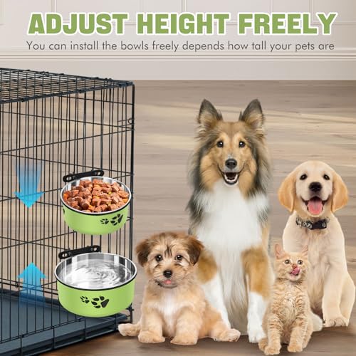 ShineMe Dog Crate Bowls, ShineMe Stainless Steel Dog Kennel Bowls for Crates, Spill Proof Dogs Dishes that Attach to Crate Kennel Cage for Small Medium Size Dogs Cats, Set of 2, Green (6.2x2.6” & 5.5x2.4”) - Image 2