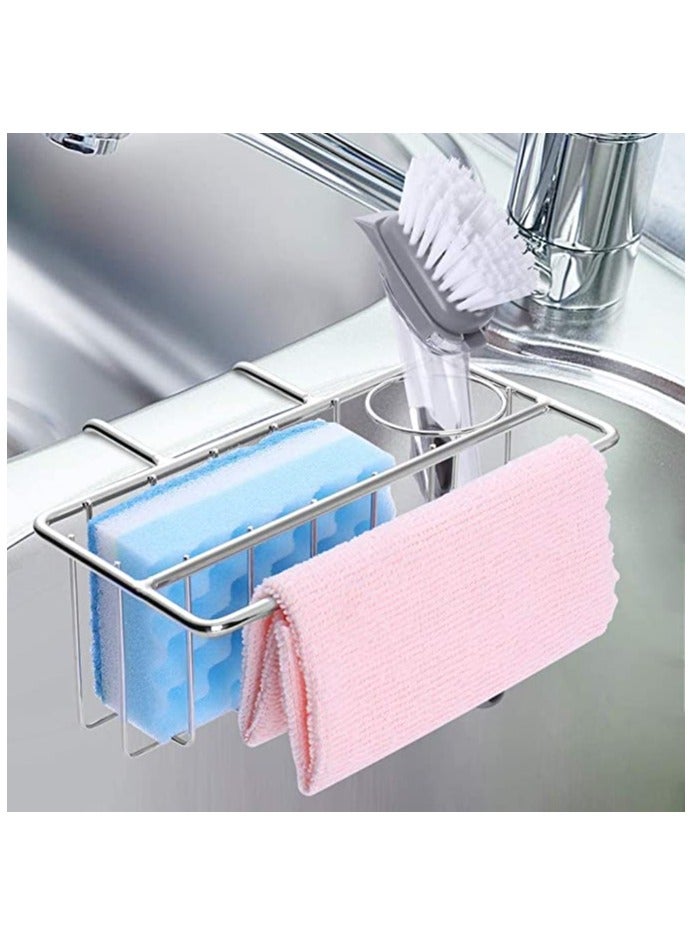 3-in-1 Kitchen Sink Organizer, Stainless Steel Sponge Holder with Adhesive Pad, No Drill Caddy for Sponge, Dish Brush, and Towel Storage  - Image 1