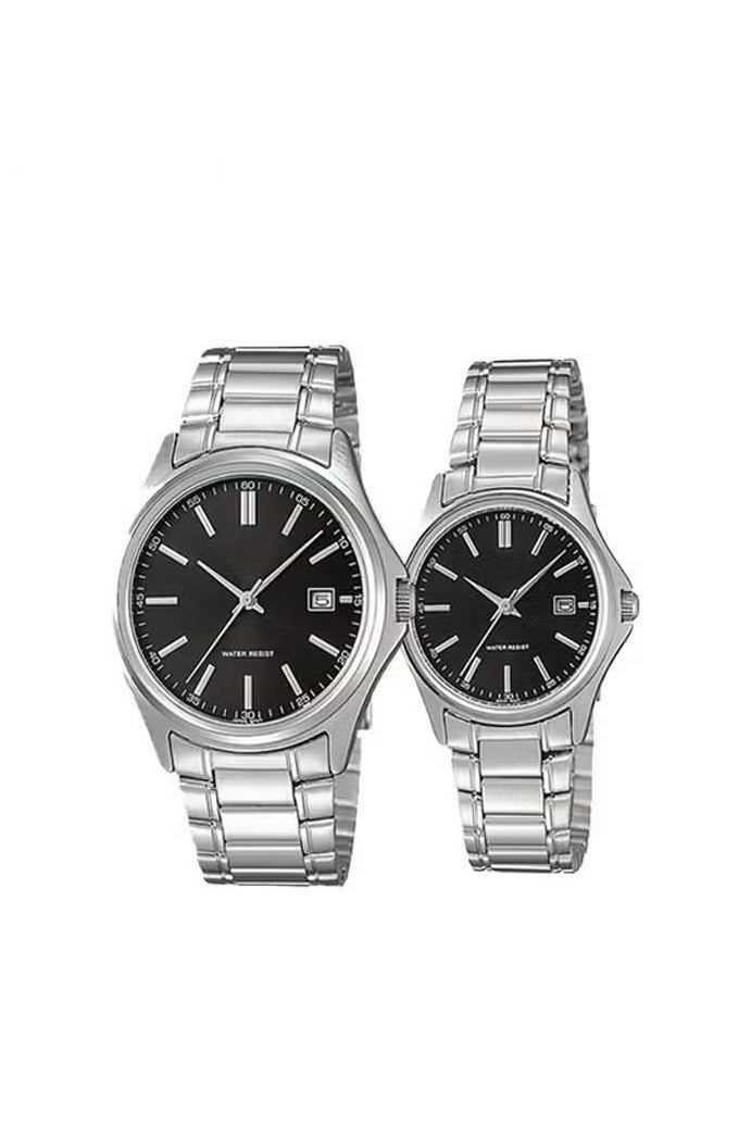 Sthxyfaith Stainless Steel Strap Couple Quartz Watch Set, Analog Display Round Dial, Luxurious Luminous Waterproof Calendar Watch Gift for Men Women - Image 2