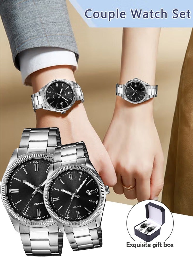 Sthxyfaith Stainless Steel Strap Couple Quartz Watch Set, Analog Display Round Dial, Luxurious Luminous Waterproof Calendar Watch Gift for Men Women - Image 1
