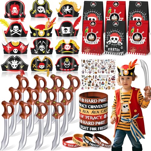 SNLN Pirate Party Favors Supplies Pirate Swords Hats Goodie Bags Silicone Bracelet Tattoo Stickers Pirates Accessories Classroom Rewards for Kids Pirates Birthday Party Decorations Goodie Bag Fillers - Image 1