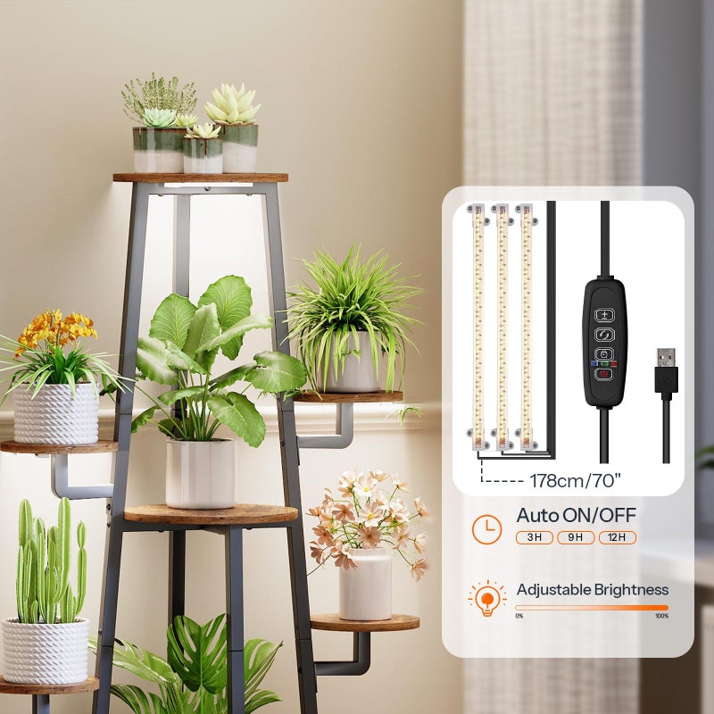 HOOBRO Plant Stand Indoor with Grow Lights, 7-Tier Plant Shelf for Multiple Indoor Plants, 47.2â€ Corner Plant Stand Organizer with Metal Frame, for Living Room, Balcony, Patio, Rustic Brown BF04DHJ01 - Image 5