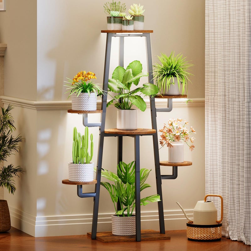 HOOBRO Plant Stand Indoor with Grow Lights, 7-Tier Plant Shelf for Multiple Indoor Plants, 47.2â€ Corner Plant Stand Organizer with Metal Frame, for Living Room, Balcony, Patio, Rustic Brown BF04DHJ01 - Image 1