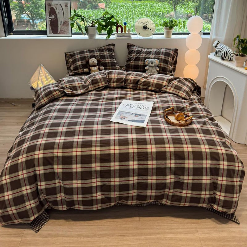 Mucalis Brown Green Red Gingham Buffalo Plaid Duvet Cover Queen 100% Washed Cotton Vintage Checkered Duvet Cover Set Retro 3 Piece Grid Bedding Set With Zipper Closure Corner Ties Soft Easy Care - Image 1