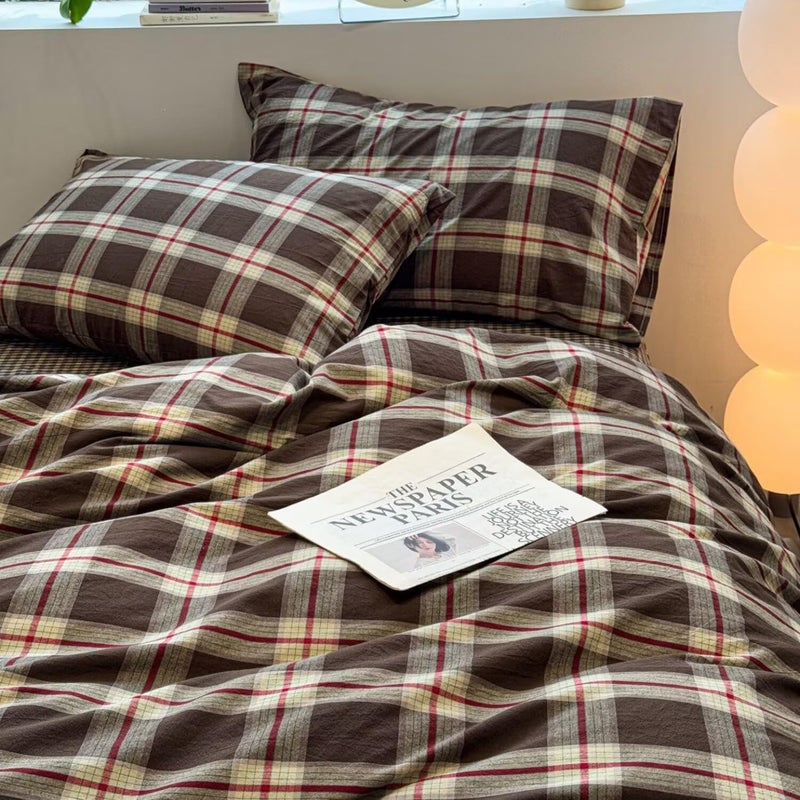 Mucalis Brown Green Red Gingham Buffalo Plaid Duvet Cover Queen 100% Washed Cotton Vintage Checkered Duvet Cover Set Retro 3 Piece Grid Bedding Set With Zipper Closure Corner Ties Soft Easy Care - Image 3