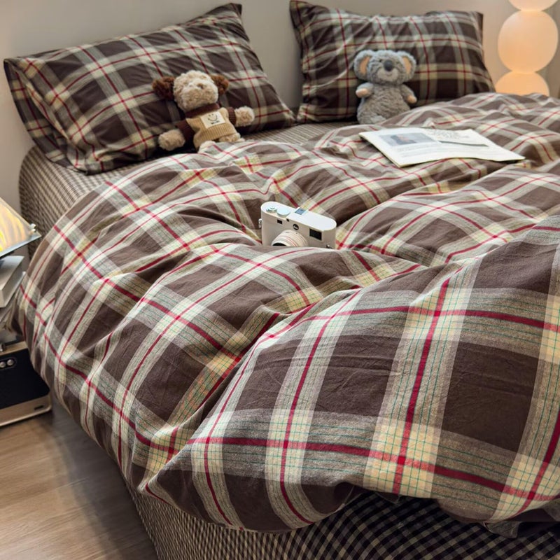 Mucalis Brown Green Red Gingham Buffalo Plaid Duvet Cover Queen 100% Washed Cotton Vintage Checkered Duvet Cover Set Retro 3 Piece Grid Bedding Set With Zipper Closure Corner Ties Soft Easy Care - Image 2