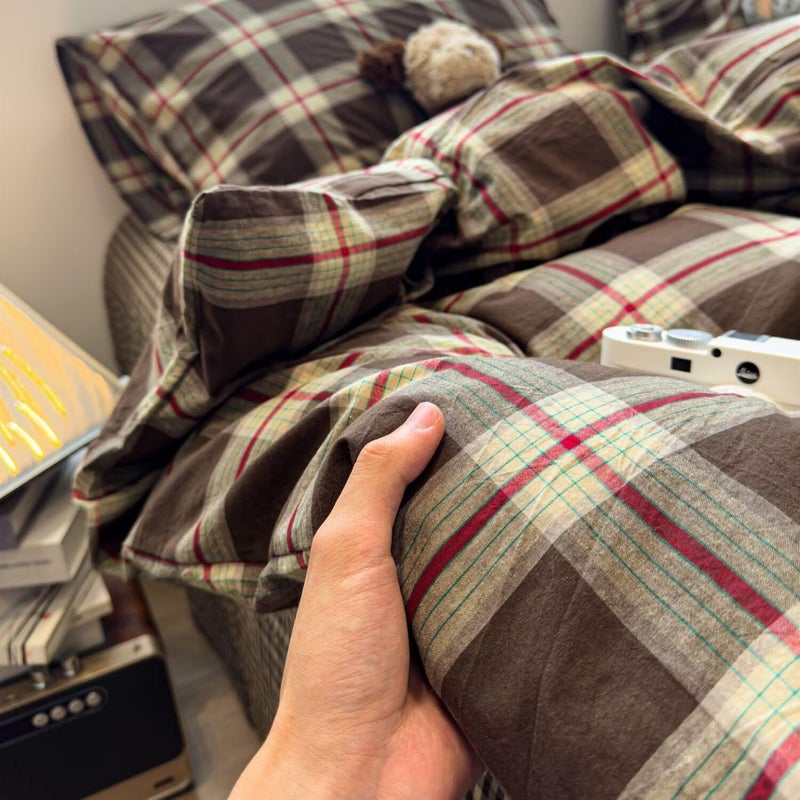 Mucalis Brown Green Red Gingham Buffalo Plaid Duvet Cover Queen 100% Washed Cotton Vintage Checkered Duvet Cover Set Retro 3 Piece Grid Bedding Set With Zipper Closure Corner Ties Soft Easy Care - Image 5