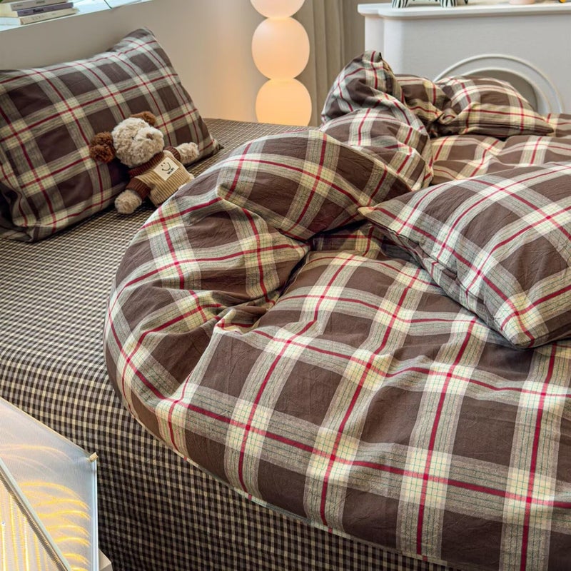 Mucalis Brown Green Red Gingham Buffalo Plaid Duvet Cover Queen 100% Washed Cotton Vintage Checkered Duvet Cover Set Retro 3 Piece Grid Bedding Set With Zipper Closure Corner Ties Soft Easy Care - Image 4