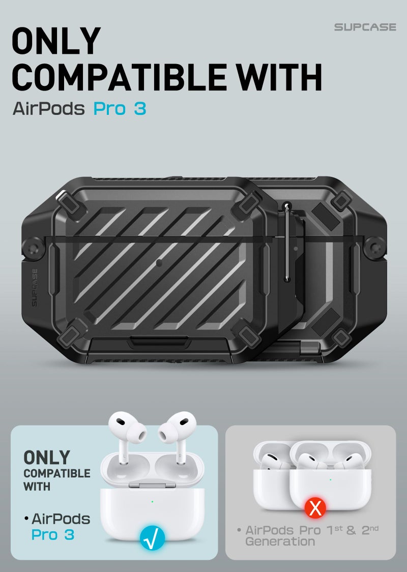 SUPCASE for AirPods Pro 3 Case with Lock & Carabiner, [IP68 Waterproof] [Military-Grade Protection] [Supports Wireless Charging] Anti-Scratch Hard Shell Cover for AirPods Pro 3rd Gen, Black - Image 2