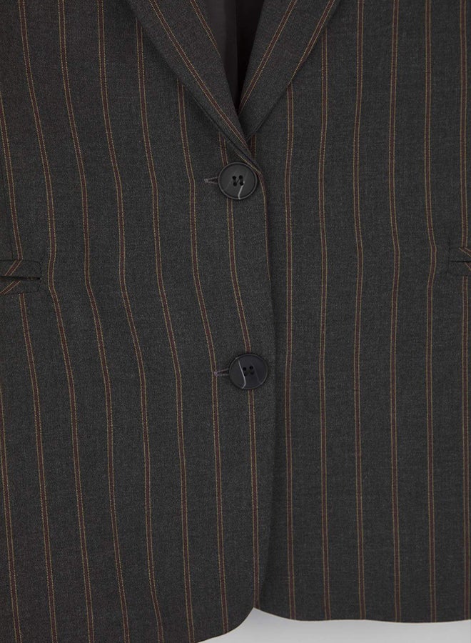 trendyol Anthracite Brown Striped Oversize Blazer Jacket - Image 4