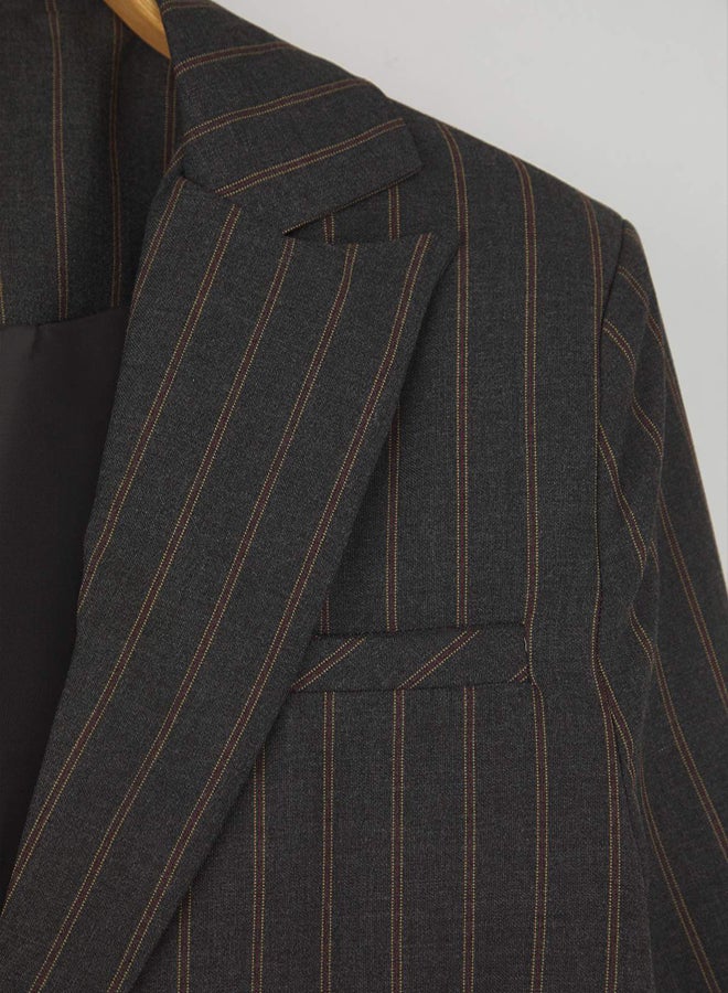 trendyol Anthracite Brown Striped Oversize Blazer Jacket - Image 3