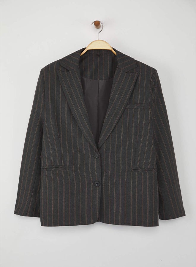 trendyol Anthracite Brown Striped Oversize Blazer Jacket - Image 2