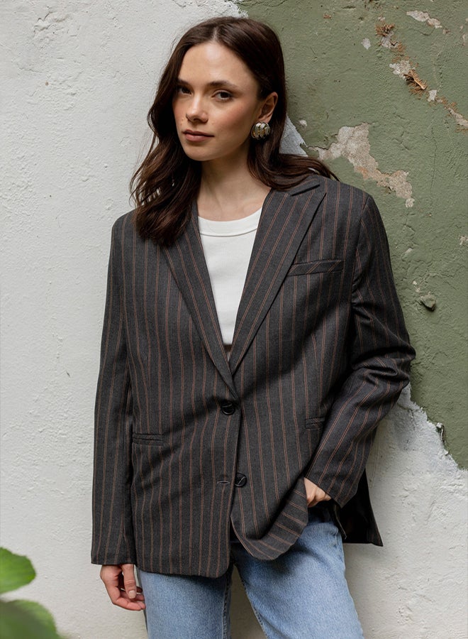 trendyol Anthracite Brown Striped Oversize Blazer Jacket - Image 1