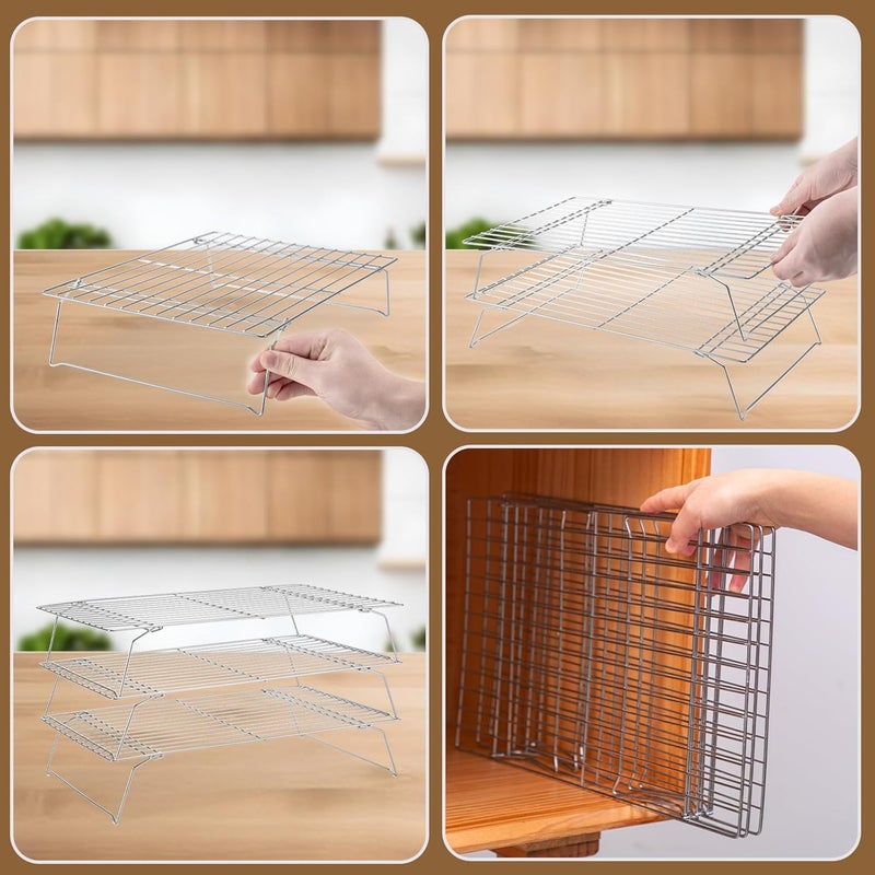 Briout Cooling Rack for Baking 3 Tiers, 16" x 10" Cookie Cooling Wire Rack Stackable Collapsible Nonstick, Stainless Steel Baking Cooking Cooling Racks with Optimum Air Flow, Silver - Image 5