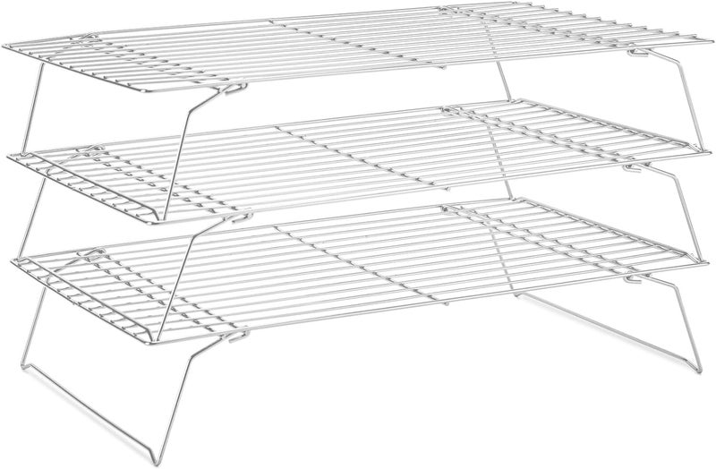 Briout Cooling Rack for Baking 3 Tiers, 16" x 10" Cookie Cooling Wire Rack Stackable Collapsible Nonstick, Stainless Steel Baking Cooking Cooling Racks with Optimum Air Flow, Silver - Image 1