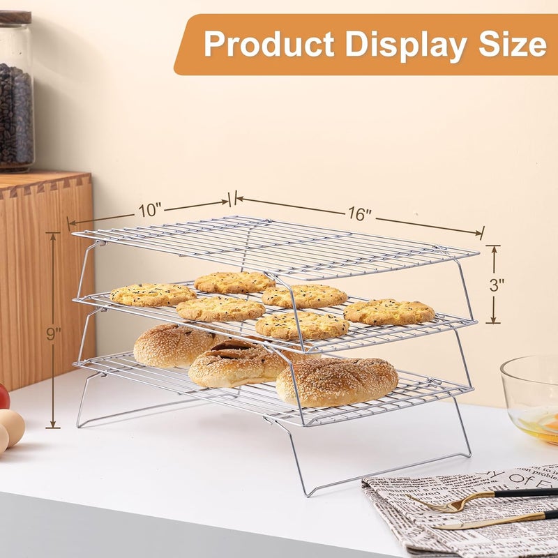Briout Cooling Rack for Baking 3 Tiers, 16" x 10" Cookie Cooling Wire Rack Stackable Collapsible Nonstick, Stainless Steel Baking Cooking Cooling Racks with Optimum Air Flow, Silver - Image 2