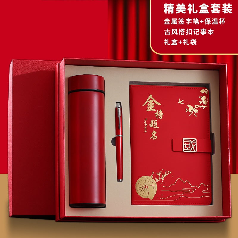 Generic A5 Trendy Thick Notebook Diary Gift Set A5 Red Book + thermos cup + signature pen 