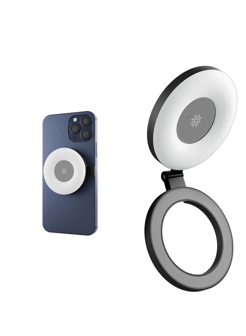 Selfie Ring Light, LED Mini Charging Foldable Magnetic Suction Makeup Light , 3-Modes Magnetic Fill Light for Magsafe, Rechargeable 180° Flip Lighting Phone Ring Light for Video Recording, Black  - Image 1
