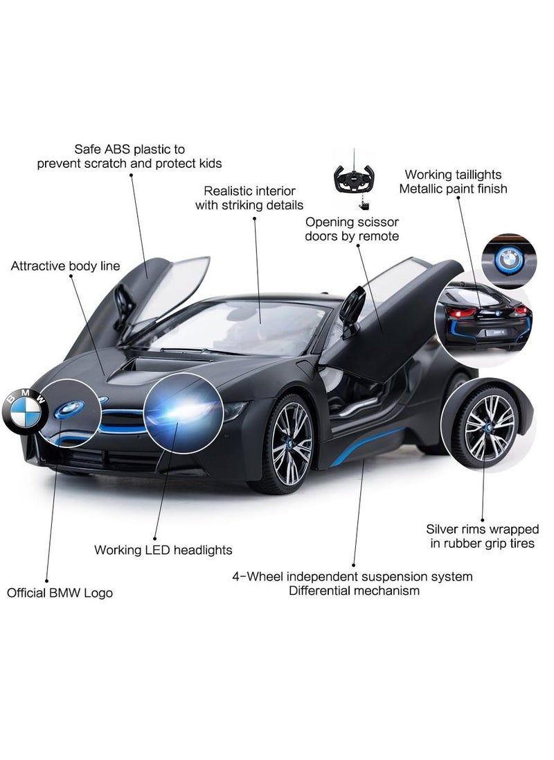 RASTAR - Remote Control Cars 1/14 Scale Officially Licensed RC Series BMW i8, Electric Sport Racing Hobby Toy Car With Open Door Model Vehicle for Boys and Girls Teens and Adults Gift - Matt Black - Image 1