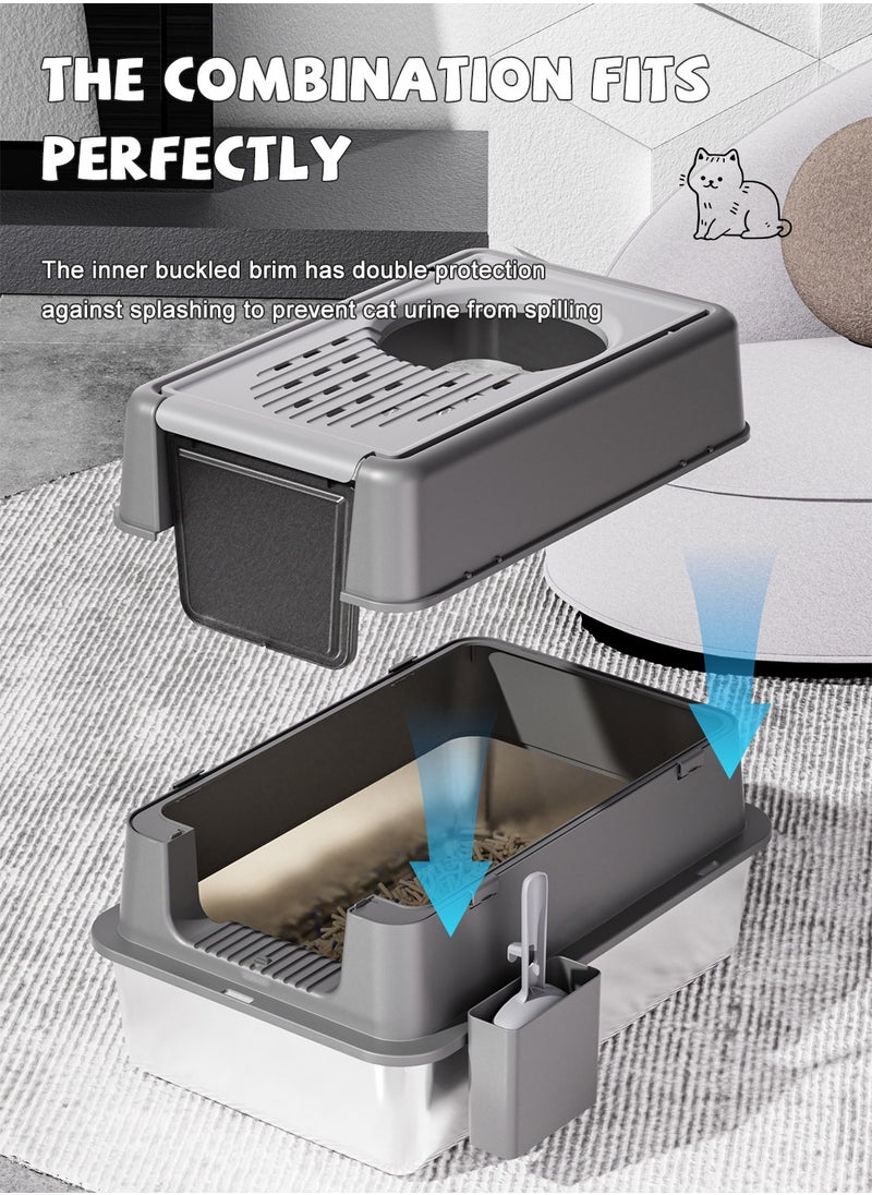 Kidle - Stainless Steel Cat Litter Box with Lid Extra Large Enclosed Litter Box Covered High Sided Litter Pan Easy Cleaning 60*40*38.5CM - Image 1