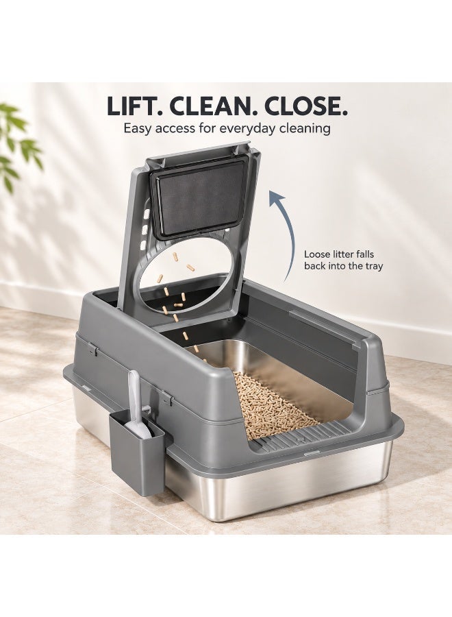 Kidle Enclosed Cat Litter Box with Stainless Steel Tray and Lid, Top and Front Entry, High Sided Easy Clean Litter Pan 60 x 41 x 38 cm - Image 4