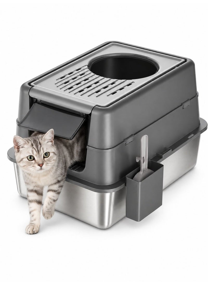 Kidle Enclosed Cat Litter Box with Stainless Steel Tray and Lid, Top and Front Entry, High Sided Easy Clean Litter Pan 60 x 41 x 38 cm - Image 1