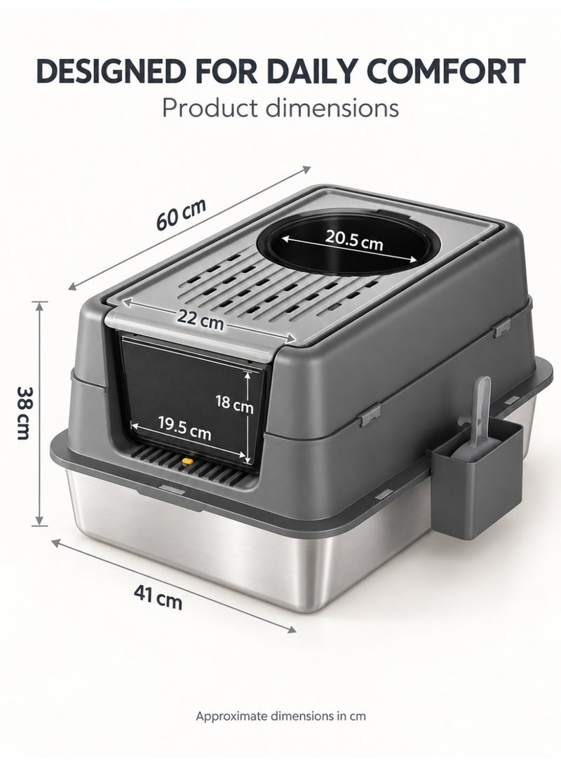 Kidle Enclosed Cat Litter Box with Stainless Steel Tray and Lid, Top and Front Entry, High Sided Easy Clean Litter Pan 60 x 41 x 38 cm - Image 2