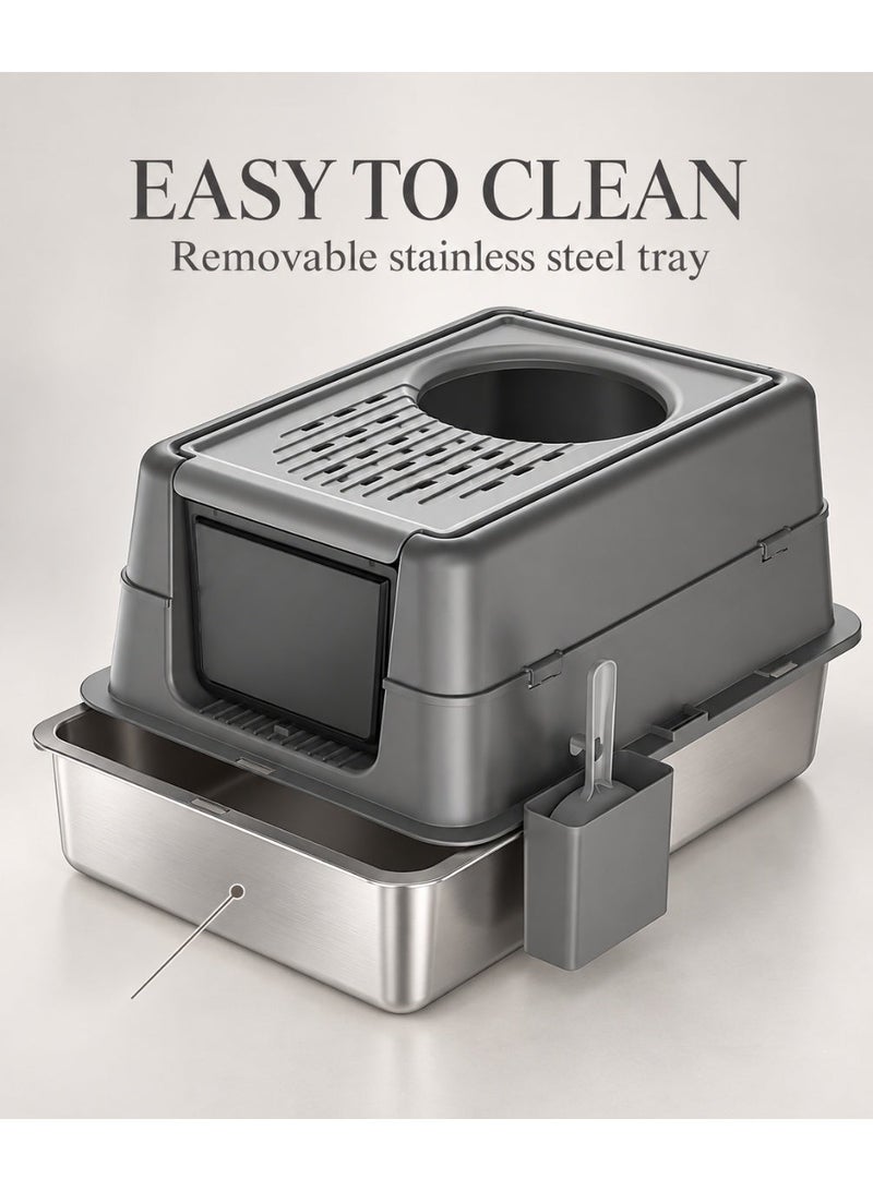 Kidle Enclosed Cat Litter Box with Stainless Steel Tray and Lid, Top and Front Entry, High Sided Easy Clean Litter Pan 60 x 41 x 38 cm - Image 5