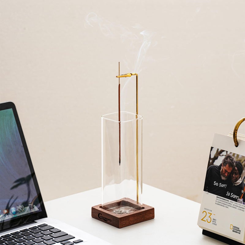 Ceremony Incense Holder, Wooden Incense Holder for Sticks with Glass Ash Catcher, Anti-ash Incense Burner with 20 Incense Sticks and a Ash Brush for Meditation Yoga Spa Room Decor - Image 4