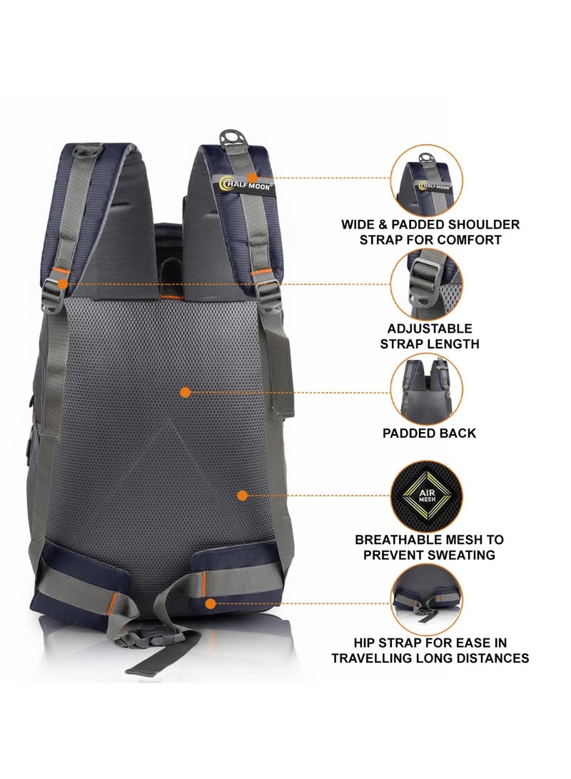 هاف مون Half Moon XL Size 40 Litres Travelling Laptop Bag 6 Compartment Rucksack Backpack Luggage Travel Journey Trekking Hiking Bags For Boys And Girls With Laptop Compartment & Rain Cover (Navy Blue) - Image 3