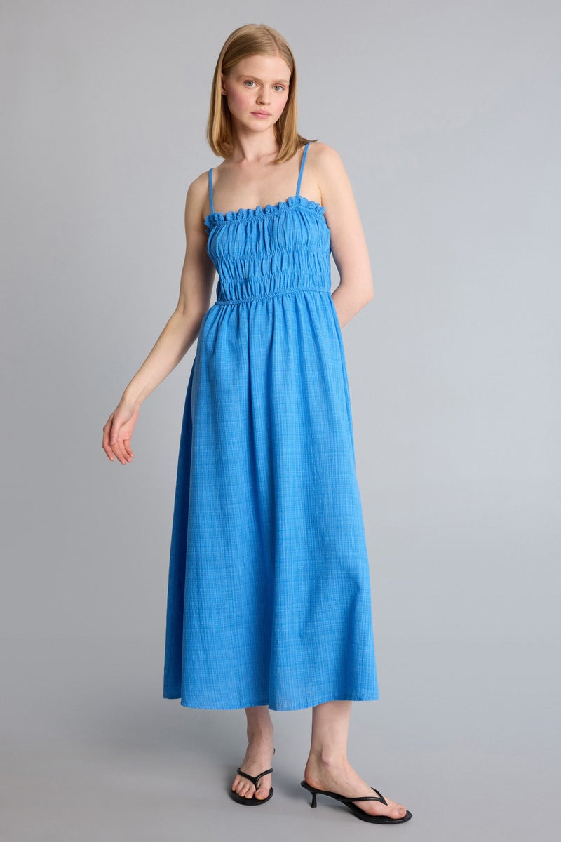 DeFacto Blue Woman Square Collar Linen Look Midi Dress Casual - Image 1